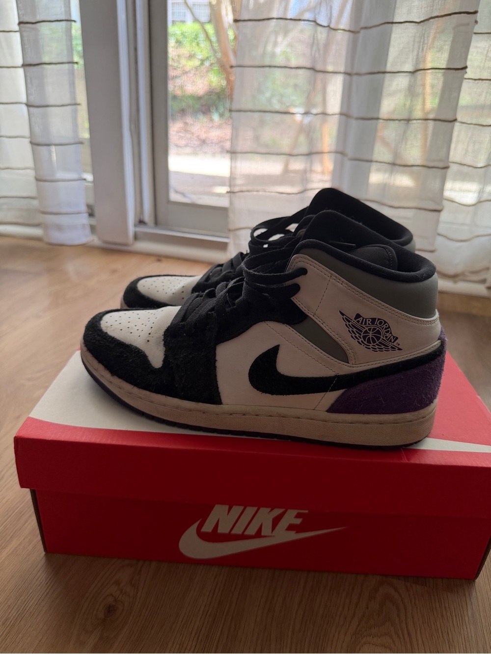 Nike Air Jordan 1 Mid Black White Purple Sneakers